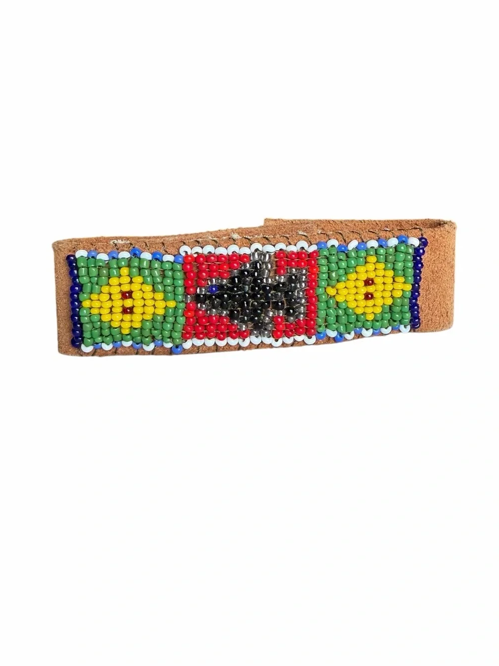 Vintage Leather Hand Beaded Cuff Bracelet Snap Closure Native Inspired